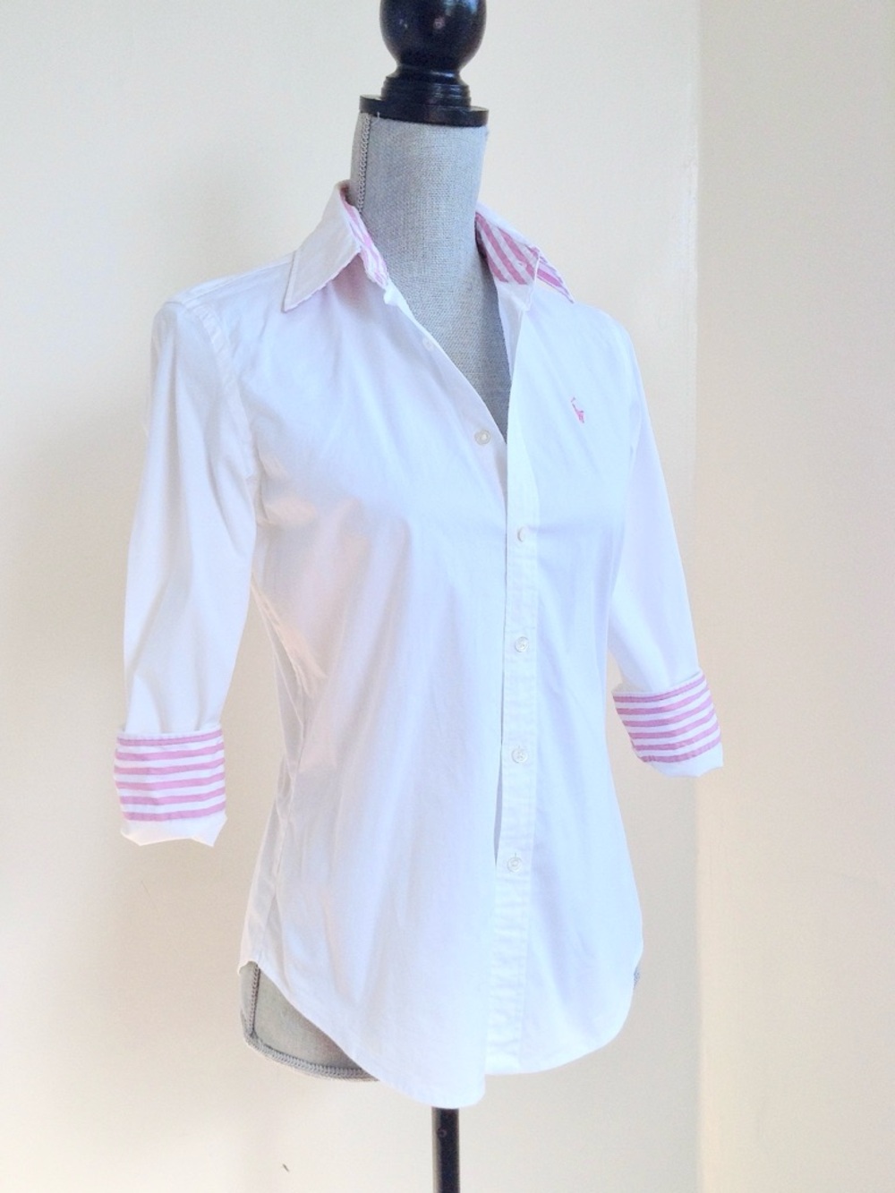 Vintage Ralph Lauren Sport Y2K White Pink Stripe Trim Preppy Button Down Shirt 8